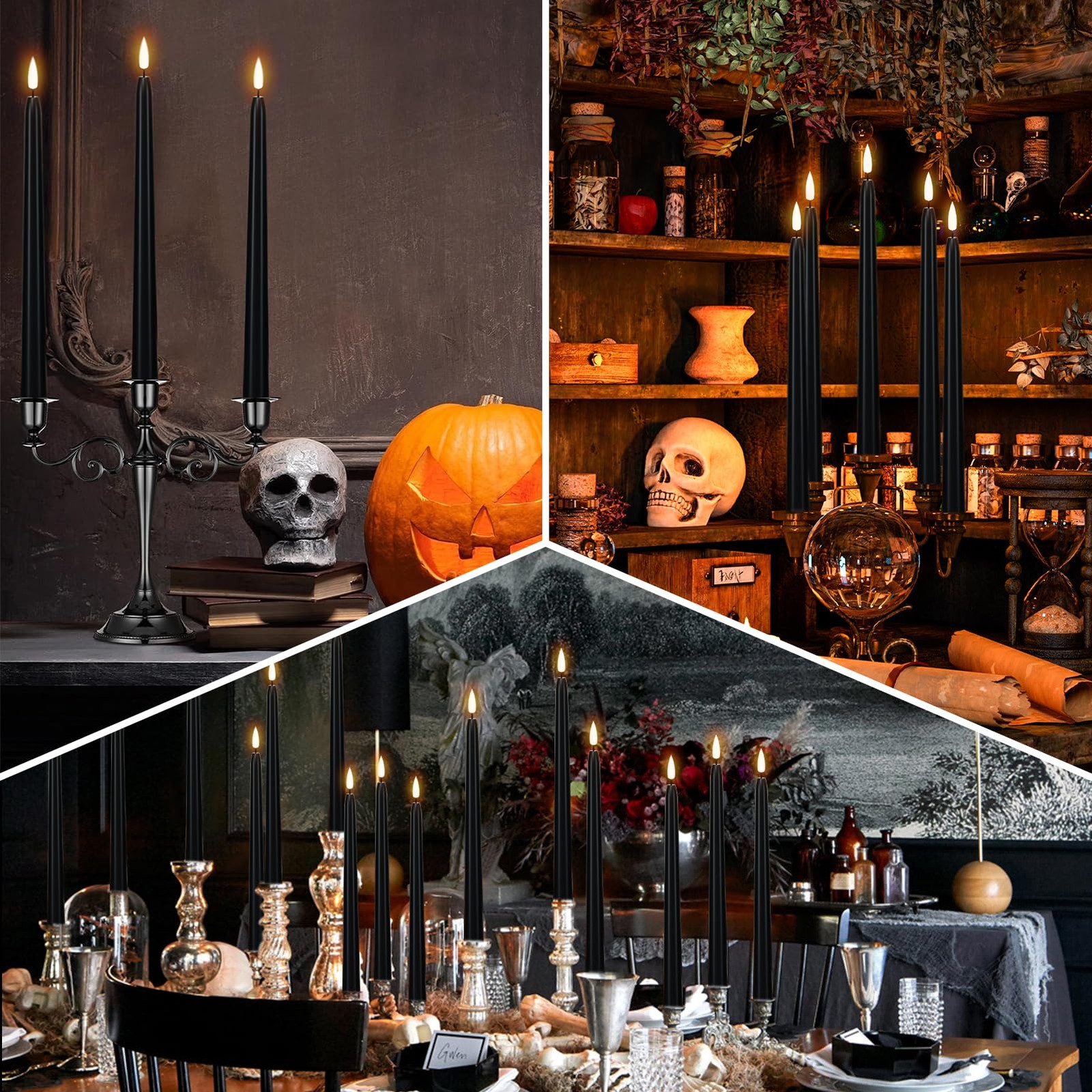 Halloween Flameless Taper Candles with Remote & Timer, 4 Pack Black Candles B…