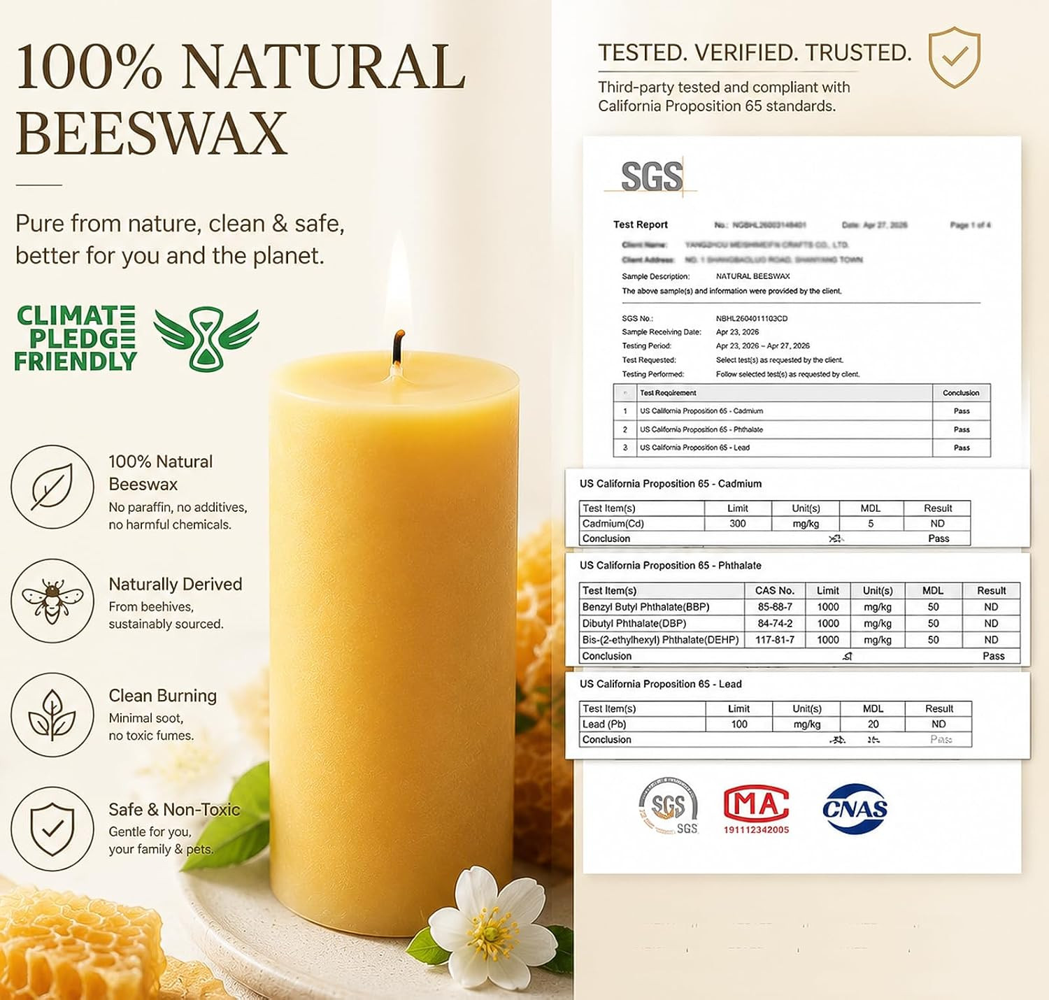 Beeswax Candles Pillar 6 Pack, 2X4 Inch Non Toxic Bees Wax Candle for Home, Long