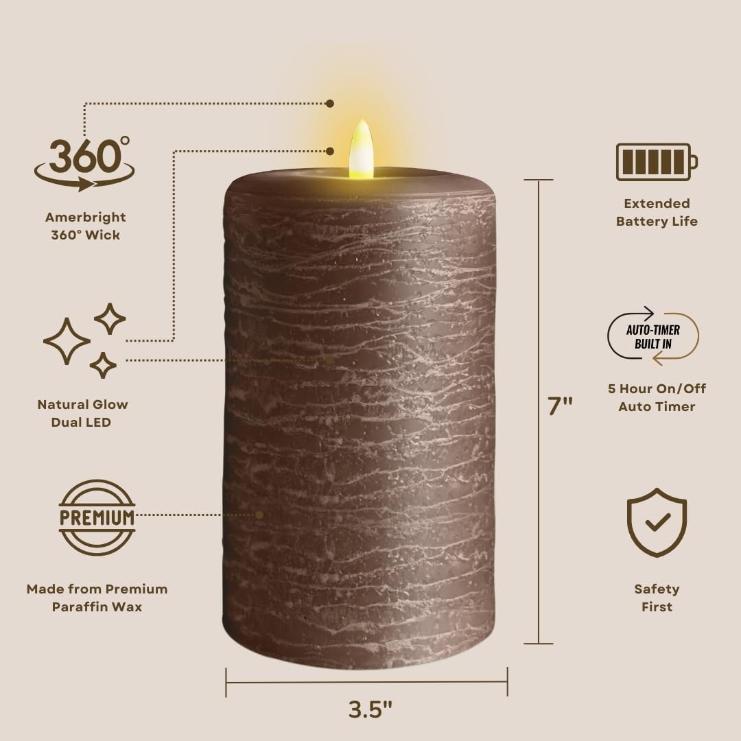 Natural Glow Candles, Battery Operated Flameless LED Pillar Candle, Cocoa Brown,
