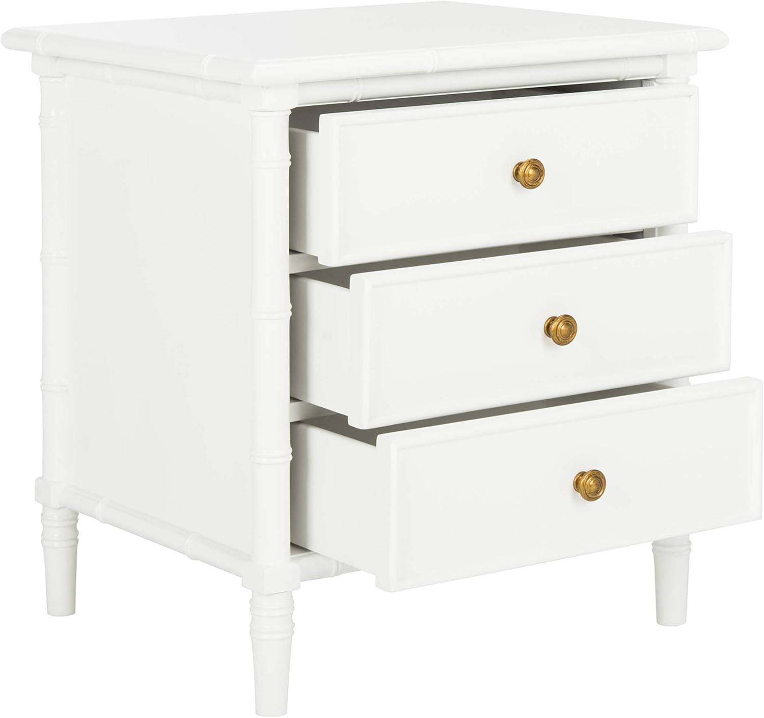 Mina Modern Coastal Bamboo Nightstand with 3 Drawers – 25″ White Finish