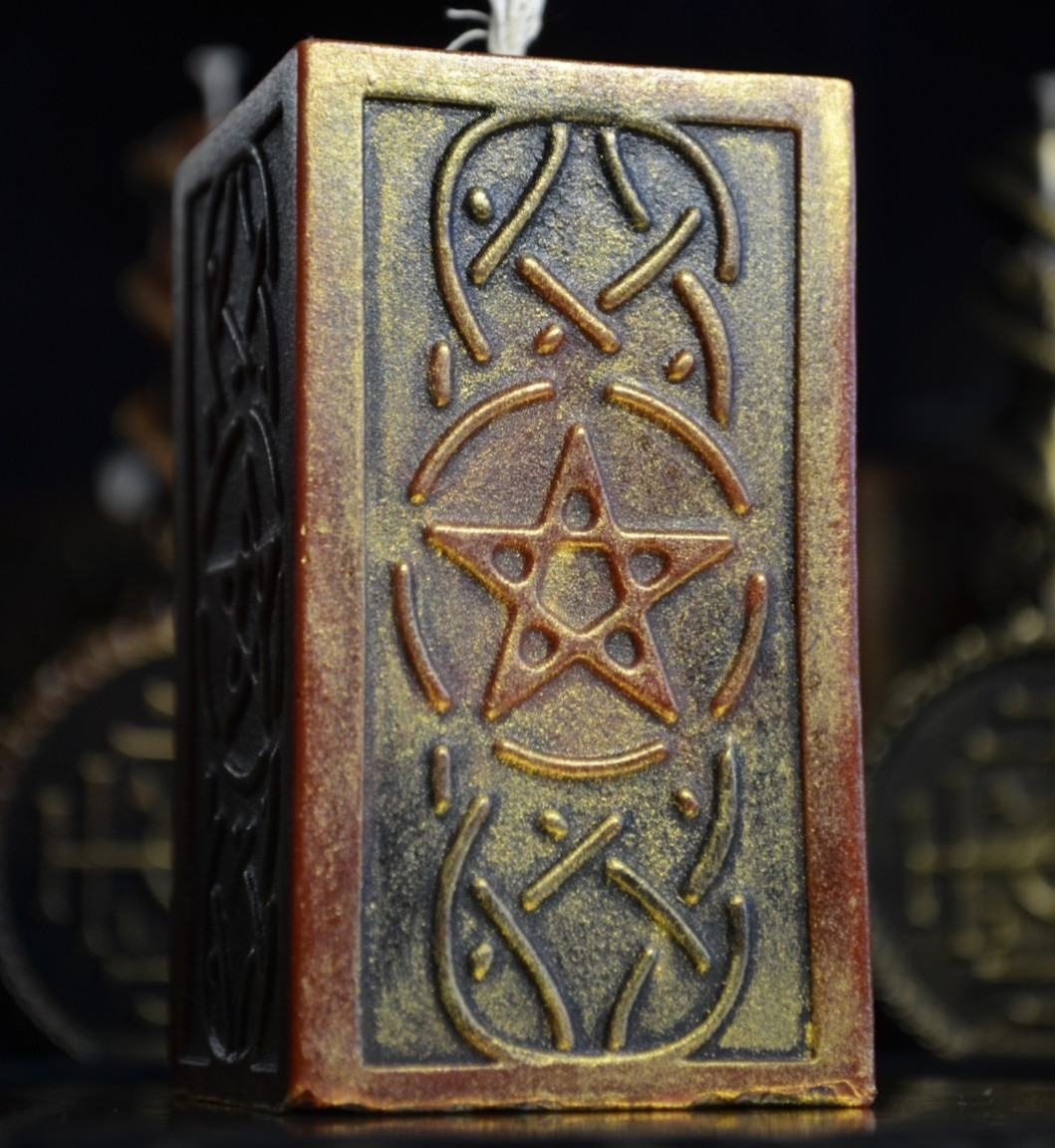 Pentagram Beeswax Pillar Candle Hand Painted Gold Occult Altar Decor Witchy Gift