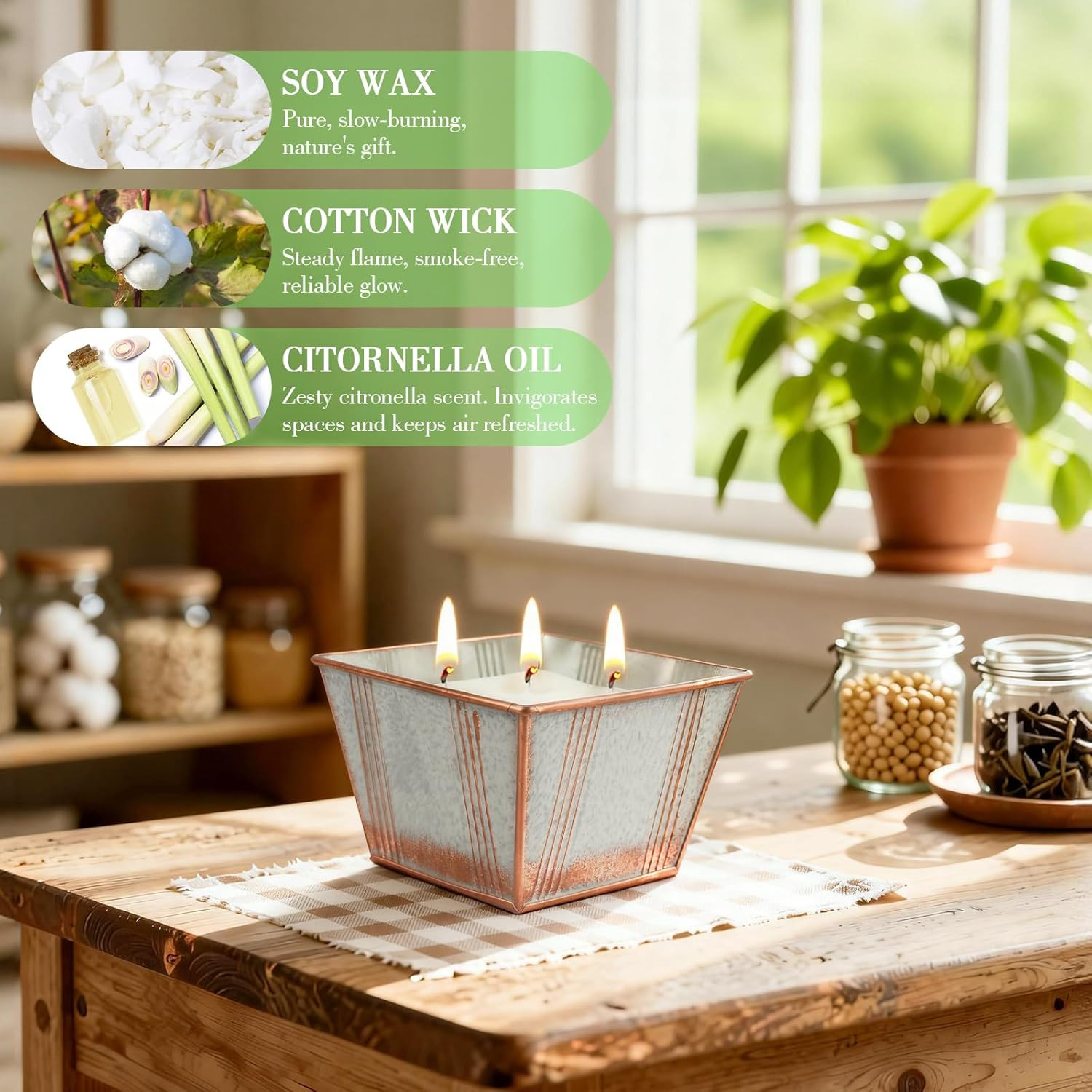 Citronella Candles Outdoor, 24OZ Large Size 3-Wick Citronella Candles, 2 Pack Le