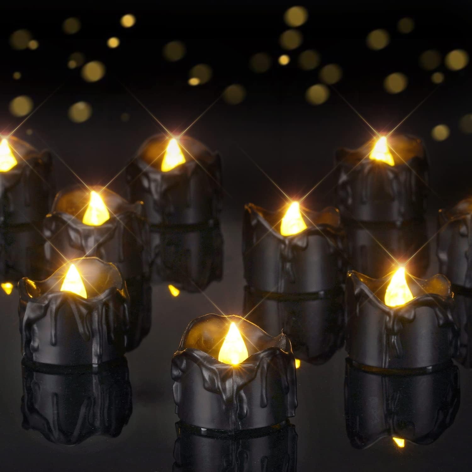 24-Pack Halloween Black Dripping Flameless Tea Lights, Battery Operated Flickeri