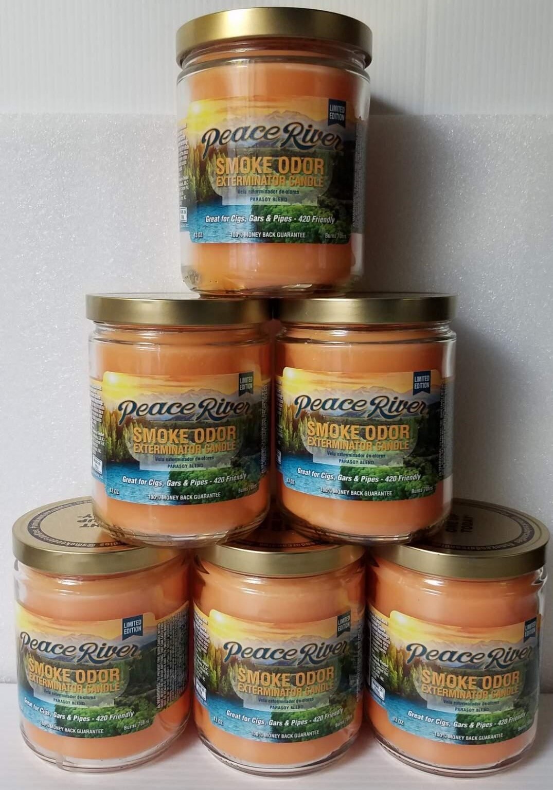 Smoke Odor Exterminator 13 oz Jar Candle, Peace River Set of Six Candles.