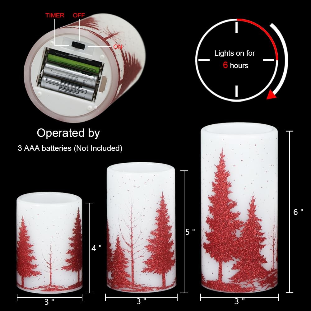 Flameless Candles 3 Pack 3×4/5/6 Inches Red Christmas Tree Decal – 6 Hour Timer