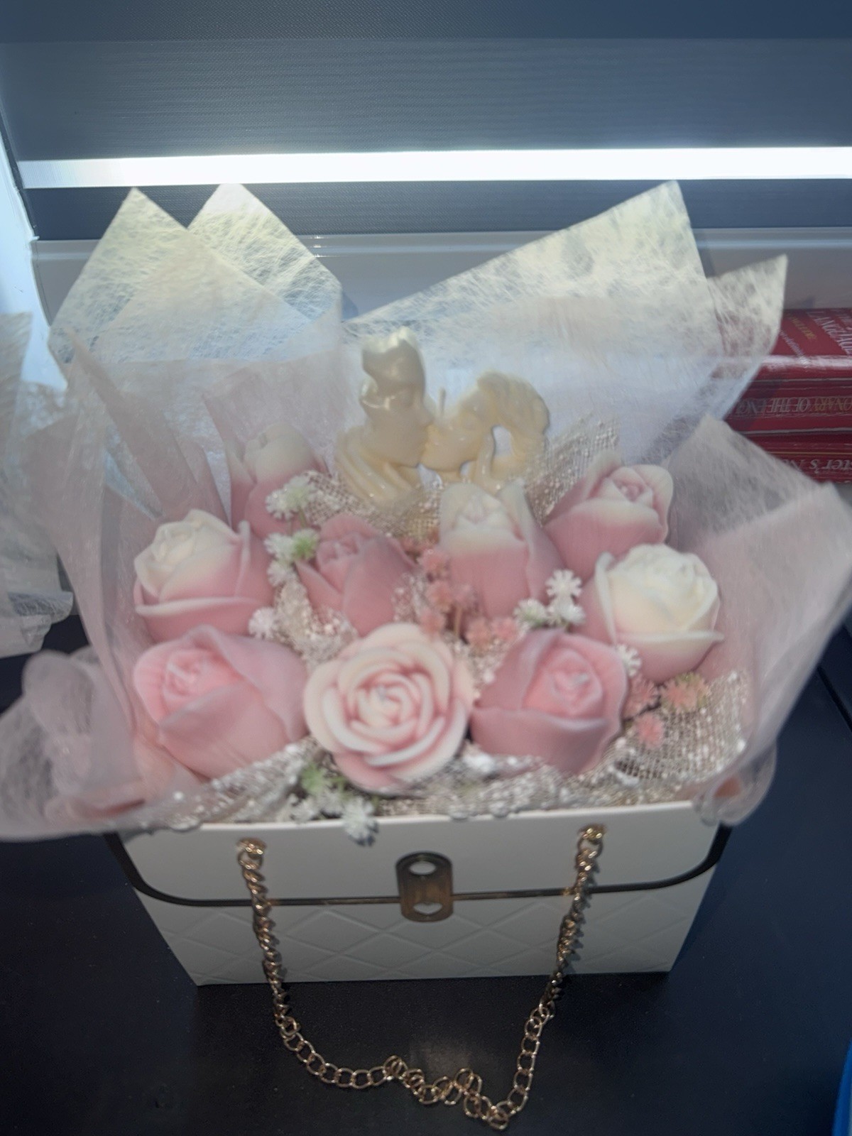 Artificial Pink & White Rose Flower Arrangement in White Purse Gift Box Chain