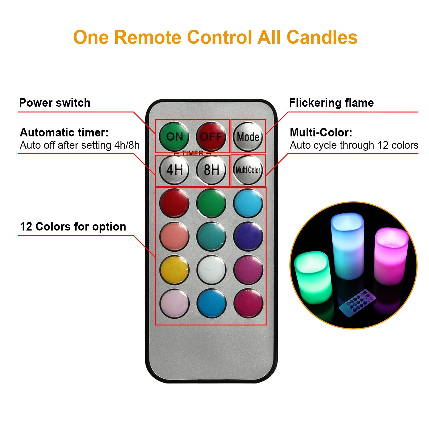 3pc LED Flameless Candles 4″ 5″ 6″ Pillar 12 Color Changing w/ Remote Control
