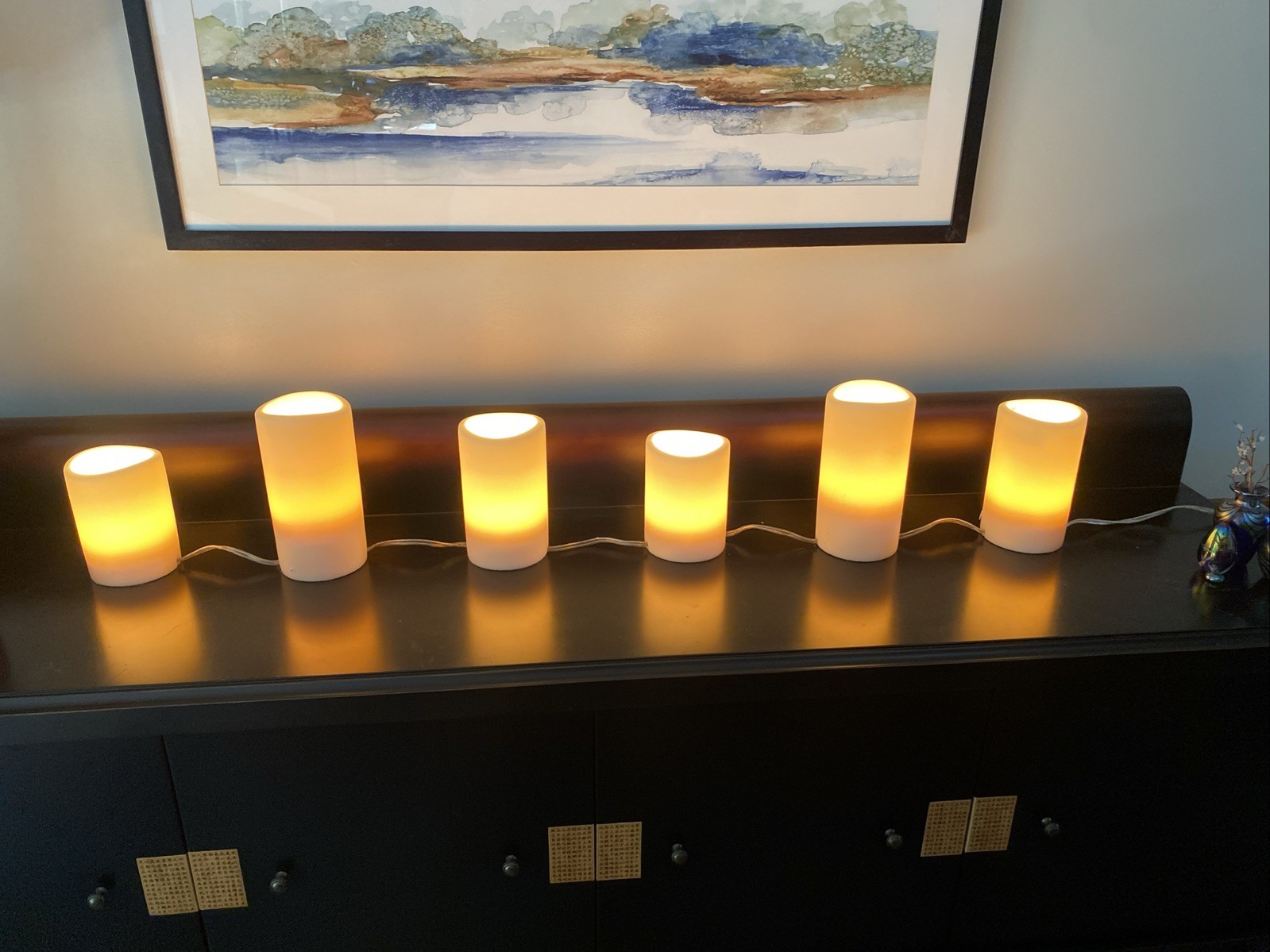 Restoration Hardware Flameless 6 Pillar Candle String Lights 8” 7” + 5.5” High