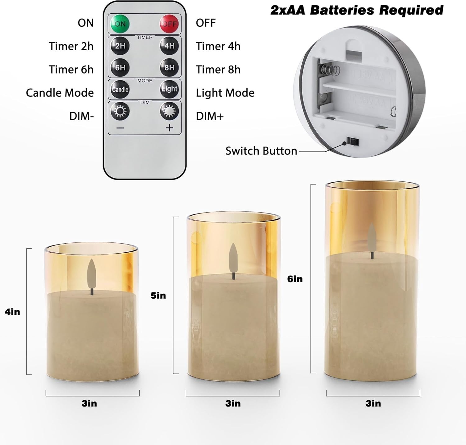 Dimmable Gold LED Flameless Candles with Remote – Sparkling Warm Glow, 3 Pack