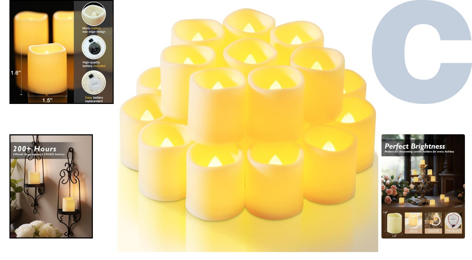 12-Pack Flameless Votive Candles – 200+ Hours of Warm White Illumination