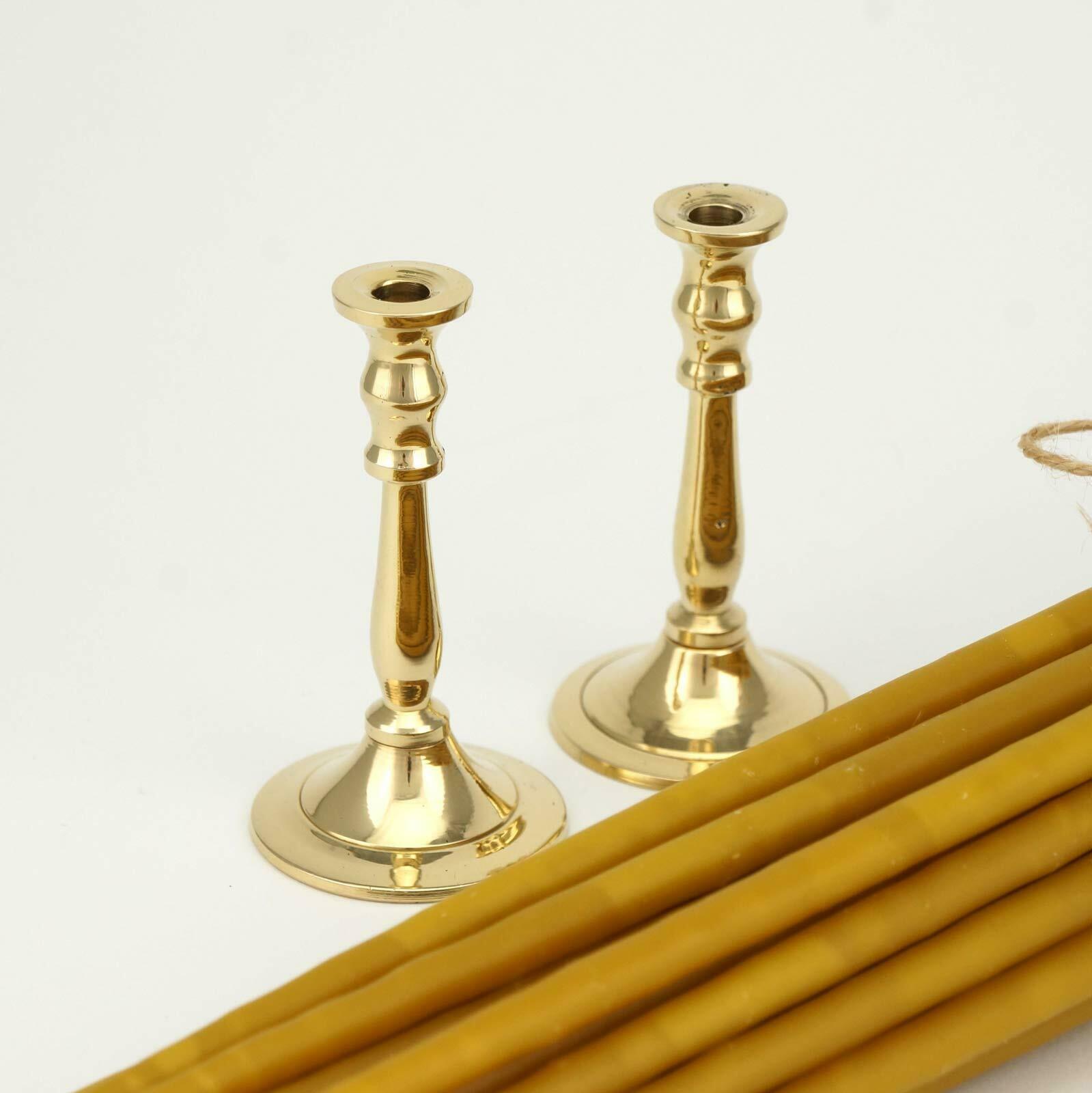 Mini Brass Candle Holder Pair + 20pcs Thin Beeswax Taper Candles Meditation Tiny