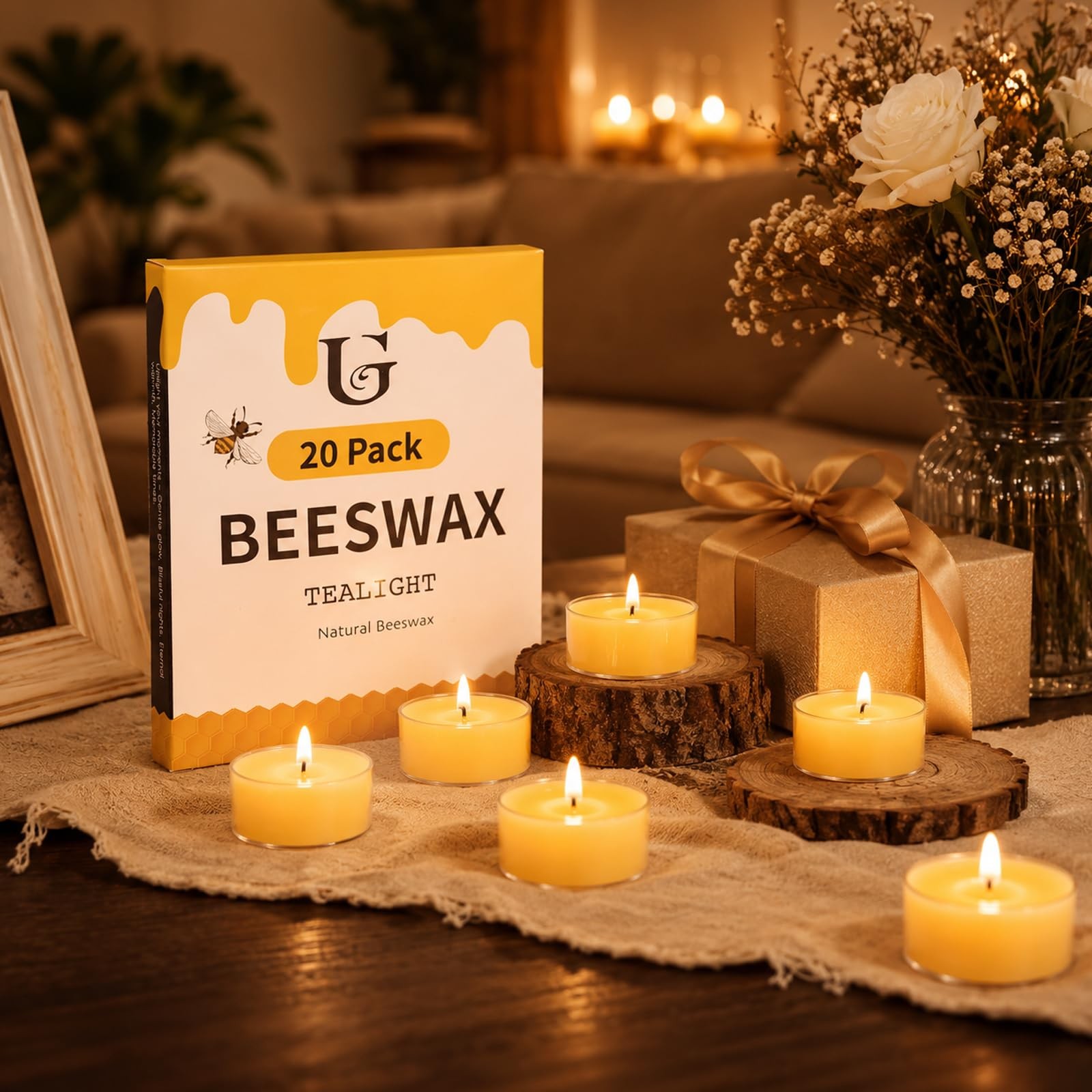 UGBEM Beeswax Tea Light Candles Bulk 4 Hour Non Toxic Natural Pure Bees Wax