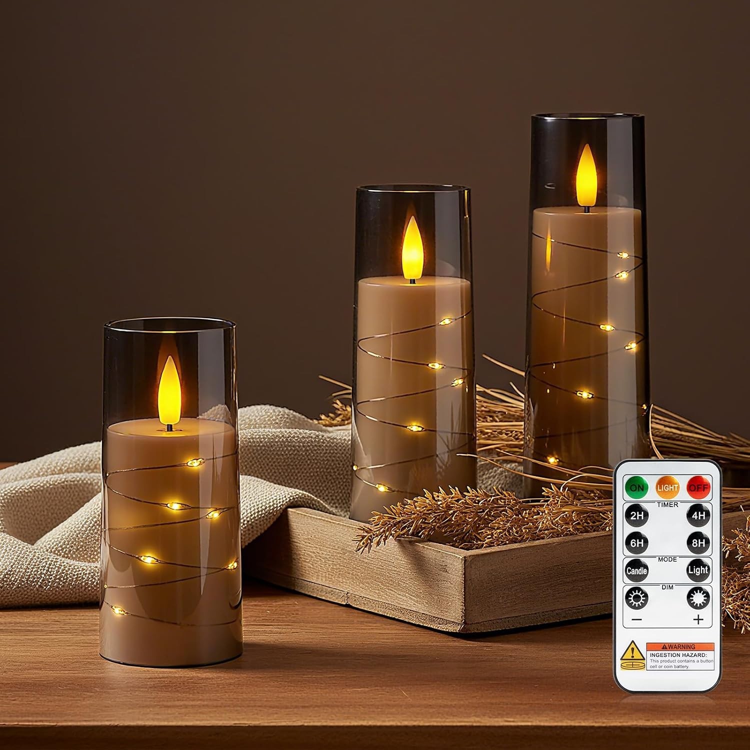 Flameless Battery Operated Pillar Candles with Remote Timer, Grey | Acrylic L…