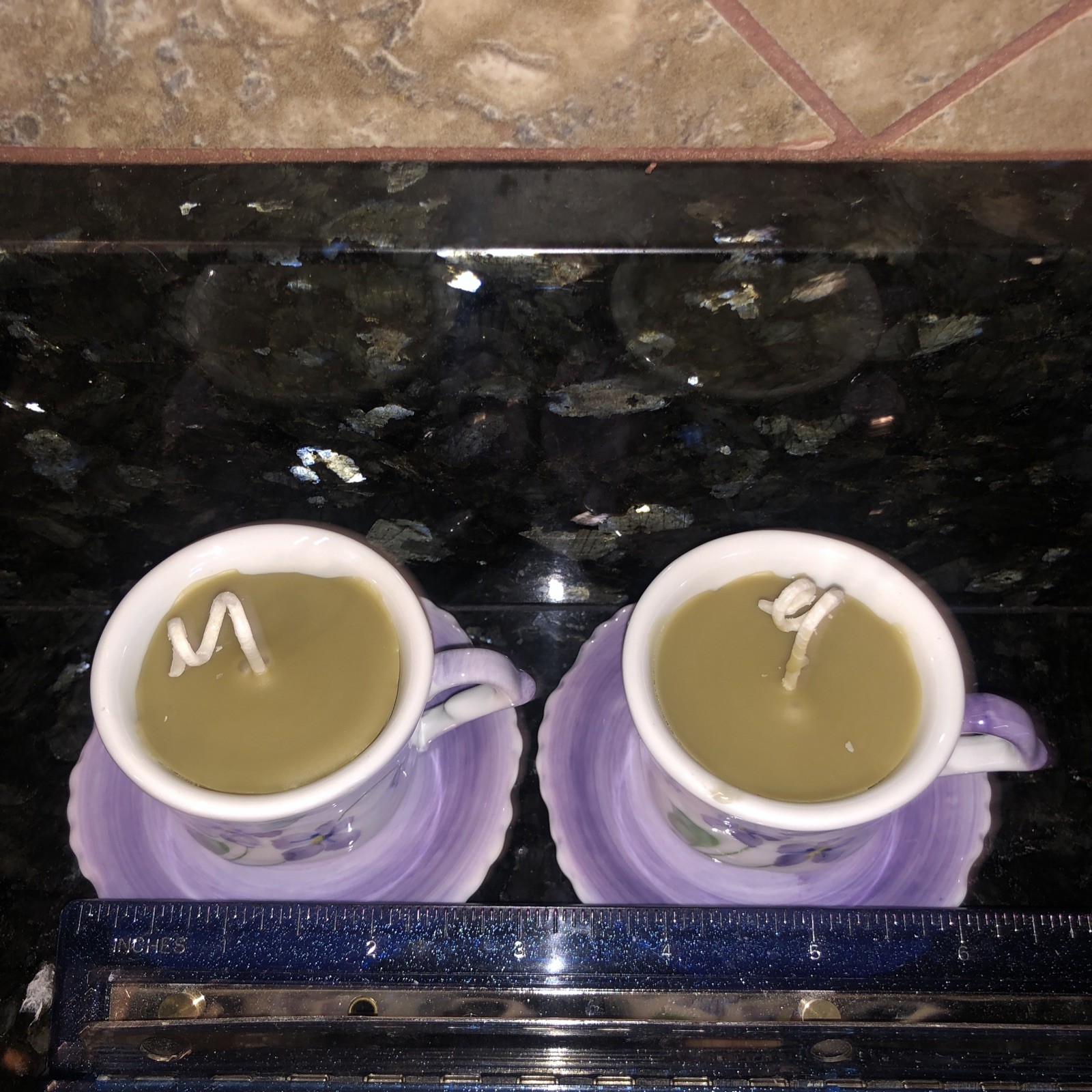 Set of 2 Handmade Mini Porcelain Antique Teacups Candles Purple Violets Pansies