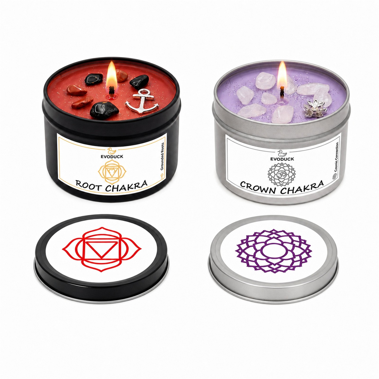 2-Piece EVODUCK Root & Crown Chakra Candles, Crystals, Positive Energy