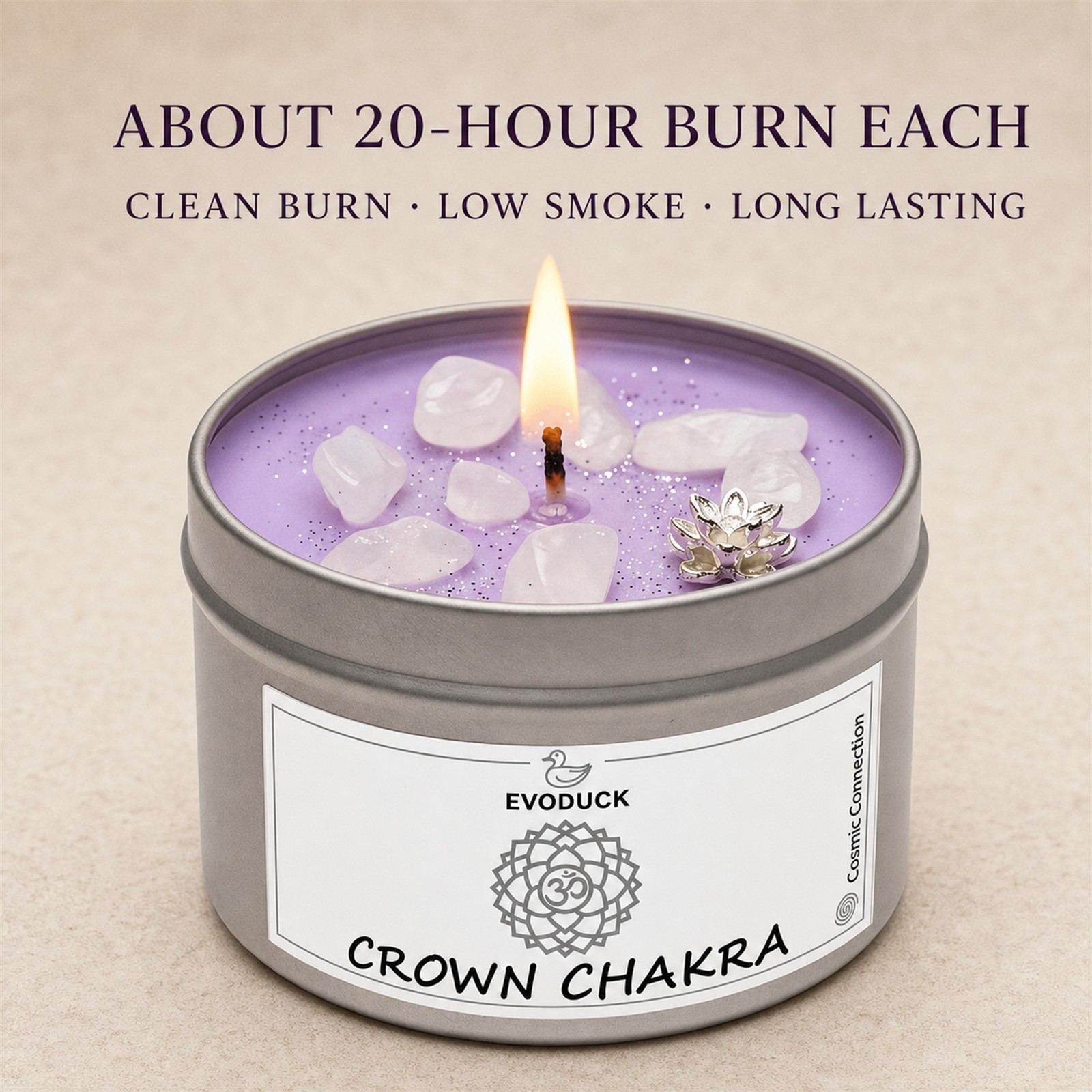 2-Pack EVODUCK Crown Chakra Healing Candles, Clear Quartz, Purification, 3 oz