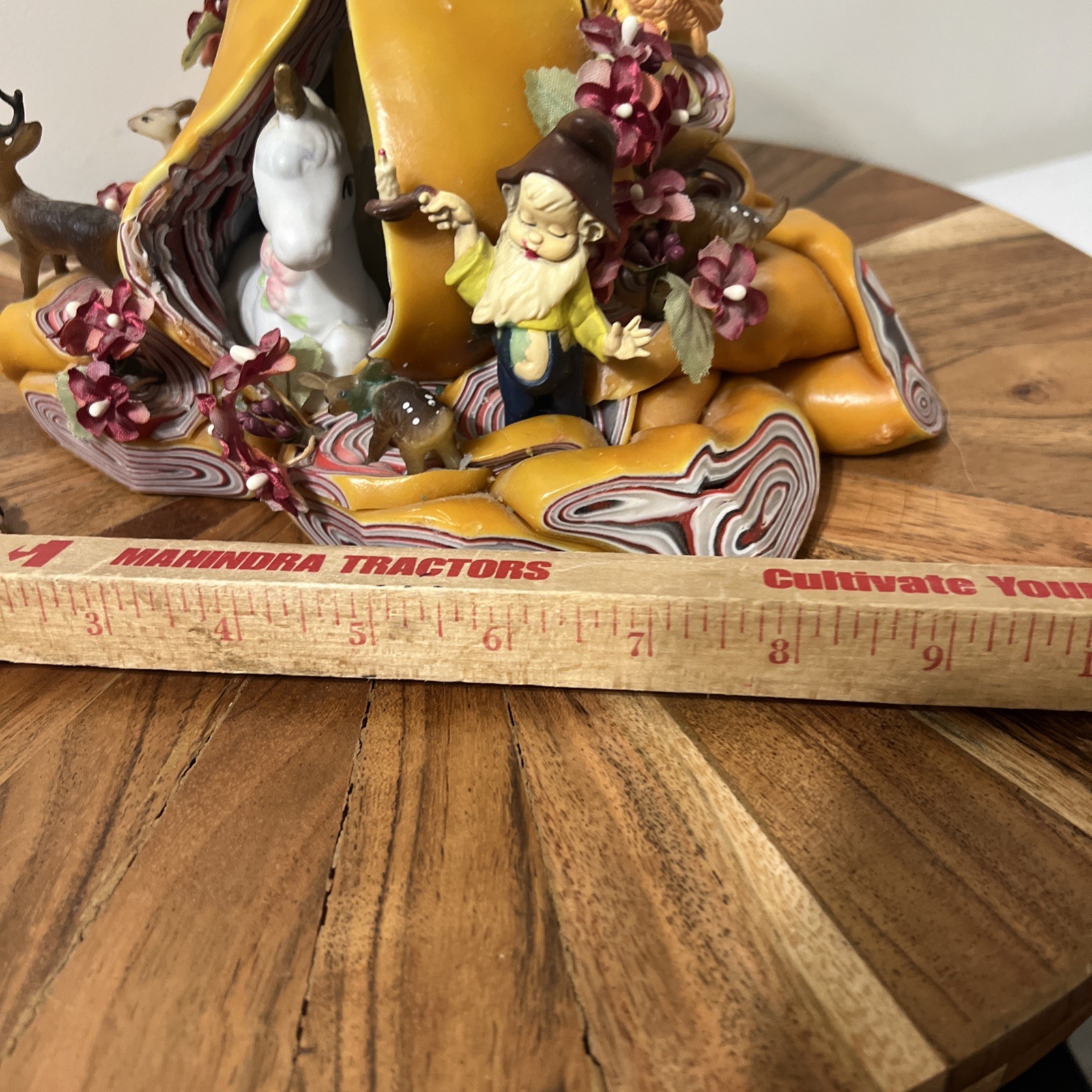 Vintage Candle Woodland Sculpted Tree Stump Elf Deer Owls Hand Carved Wax Art