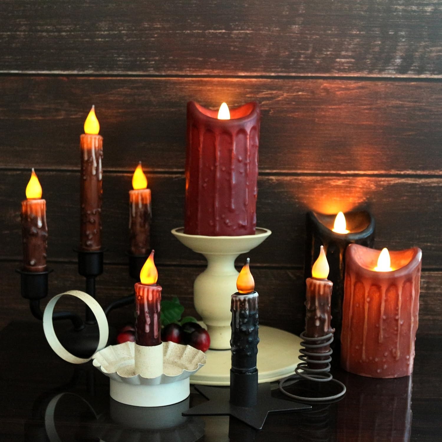 Real Wax Hand Dipped Battery Operated LED Timer Taper Candles Country Primiti…