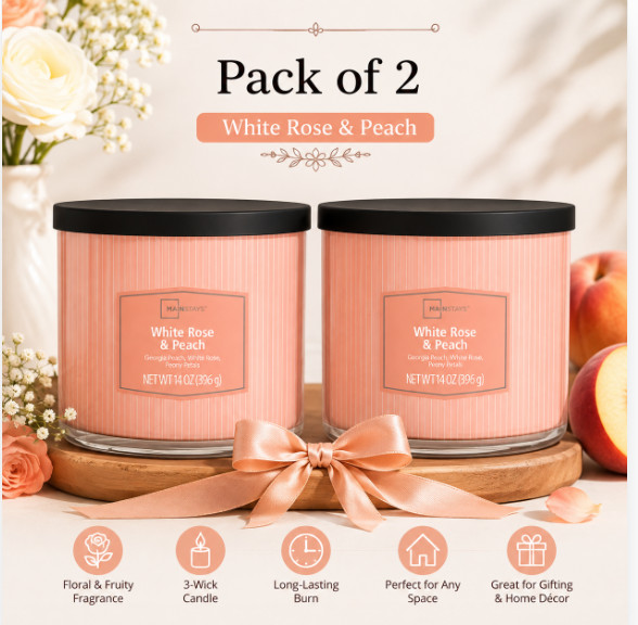 Pack of 2 White Rose & Peach 3-Wick Scented Candle, 14 oz Glass Jar Candles…..