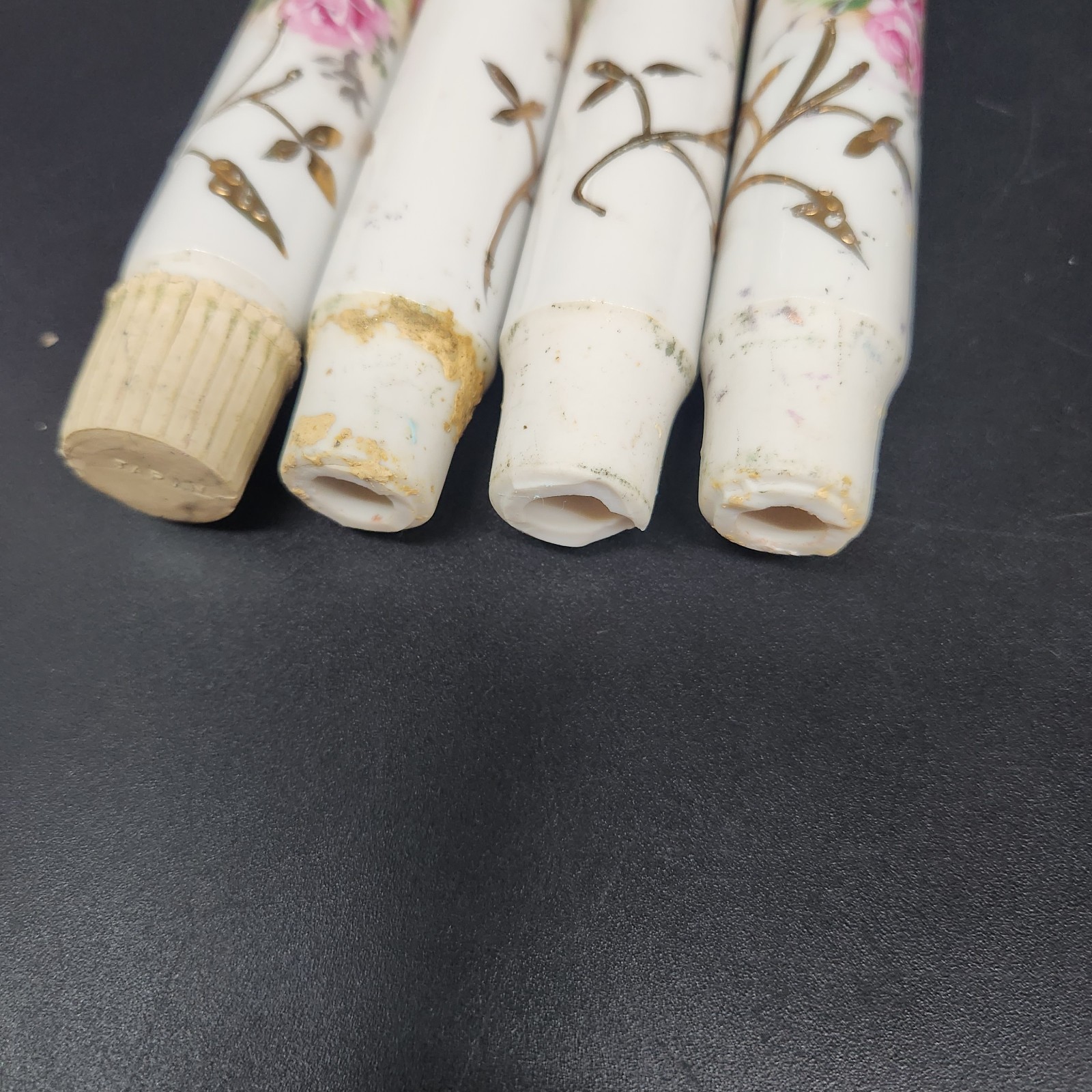 Set of 4 Antique? Porcelain Faux Taper Candles Hand Painted Floral Gold Accents