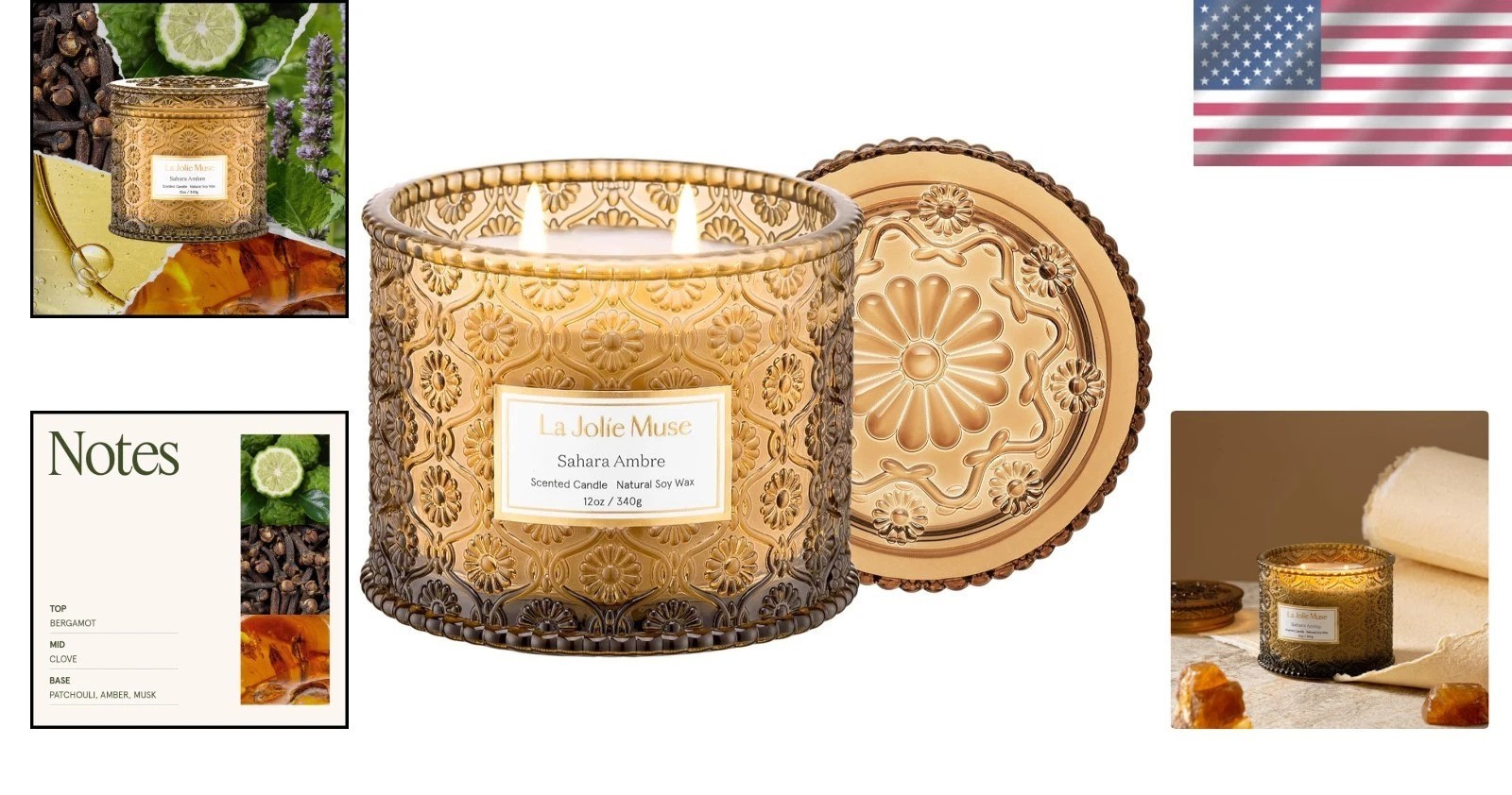 Sahara Amber Luxury Candle – 12 oz Soy Wax, 2 Wicks for 60 Hours of Bliss