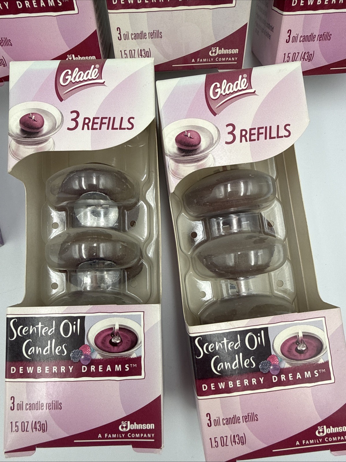 NOS Glade Scented Oil Candles Unit And Refills 5 Packs of 3 Refills Dewberry