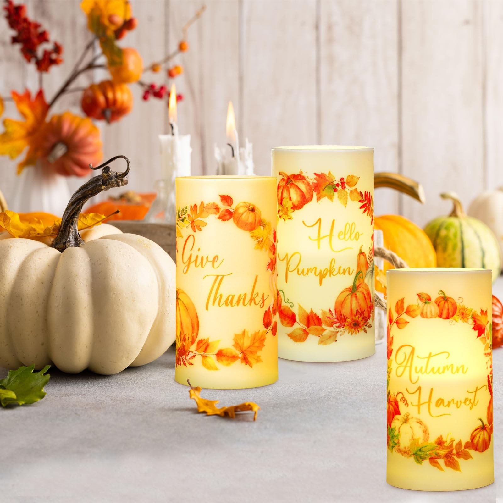 3 Pcs Fall Flameless Candles Pumpkin Wreath Flameless LED Candles for Bedroom…