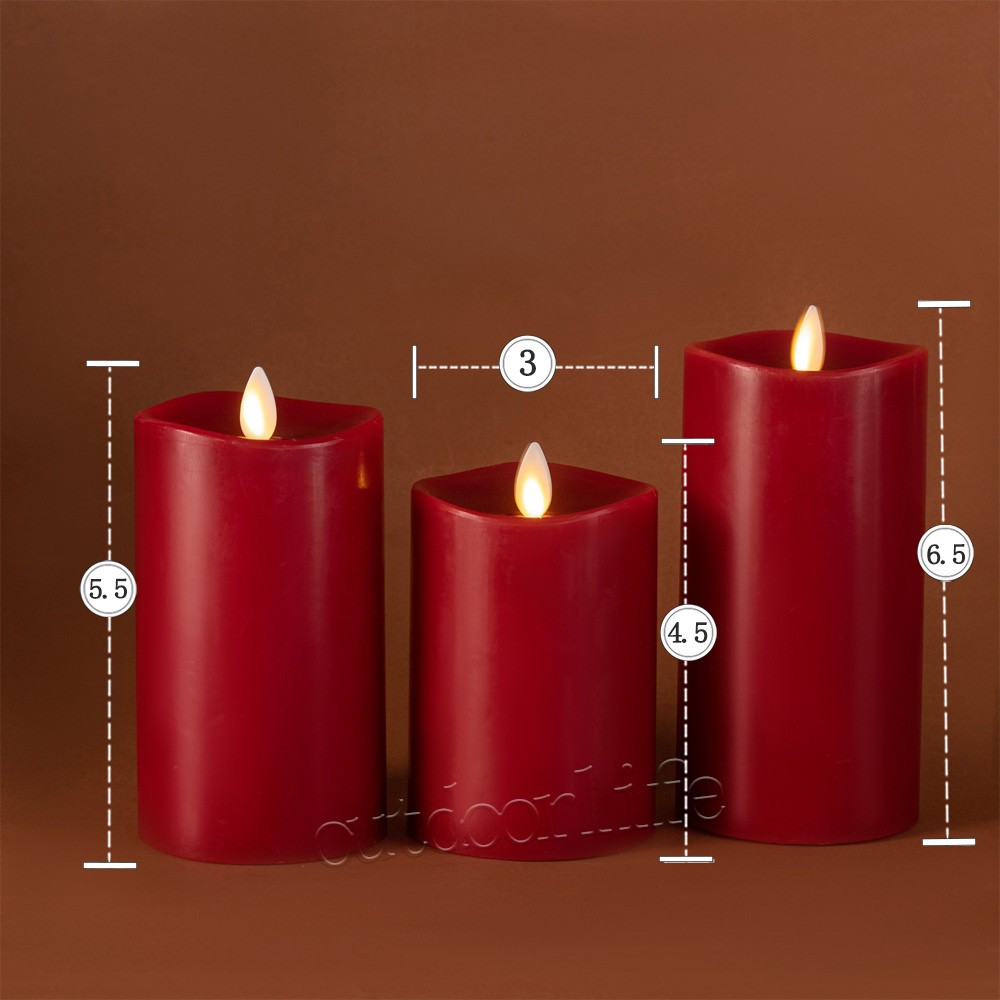 Luminara Flameless Moving Wick Candles with Remote Wax Pillar Set of 3 Burgundy