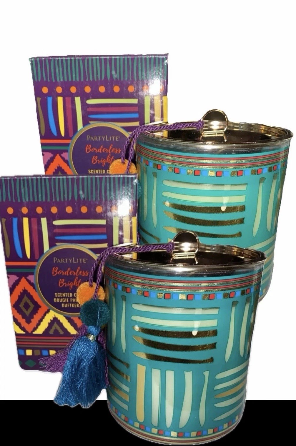 PartyLite Candles Qty 2 Borderless Brights Jars RED HINOKI WOOD Scented W/ Lid