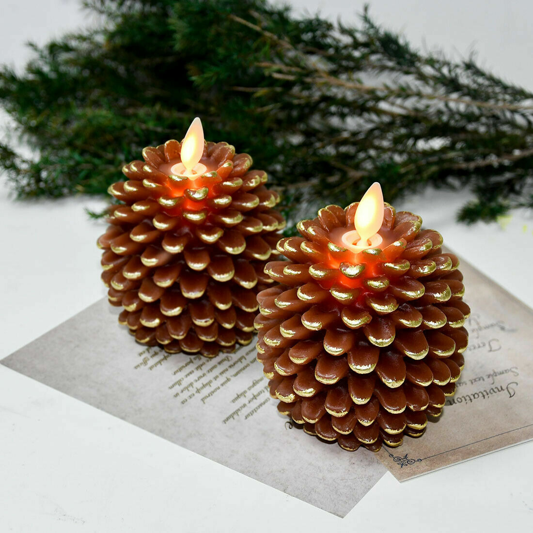 Luminara Flameless Brown Wax Pine Cone Candles with Remote for Home Decor Set 2