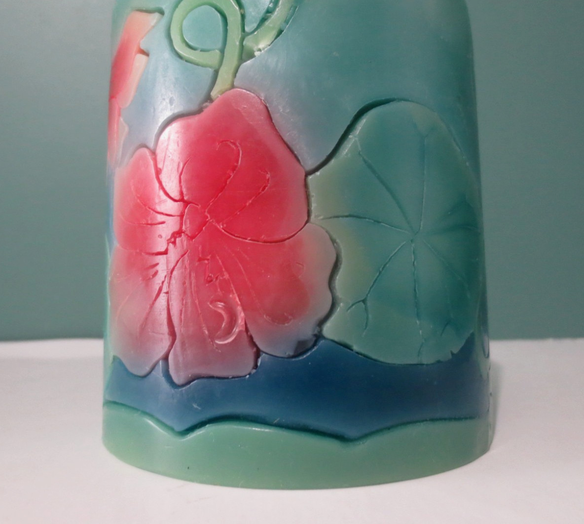 MOON ALLEY – New Teal w/ Pink Peony Pillar Candle – Size Small – 3 3/4″ T