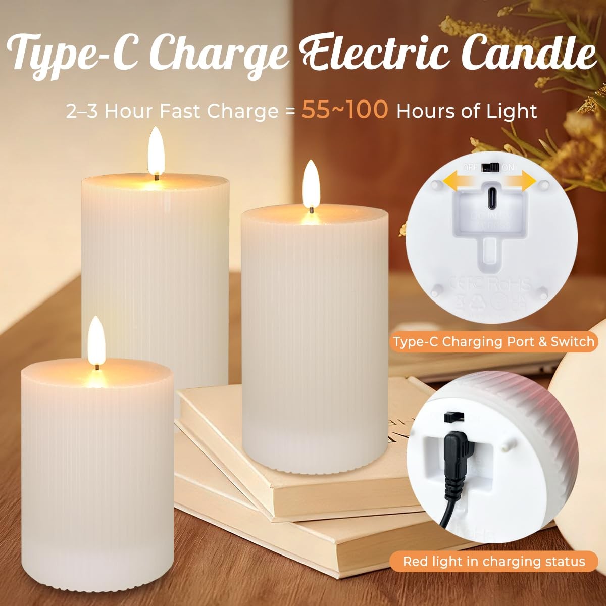 Flameless LED Pillar Candles Set of 3 – Rechargeable Real Wax with Remote
