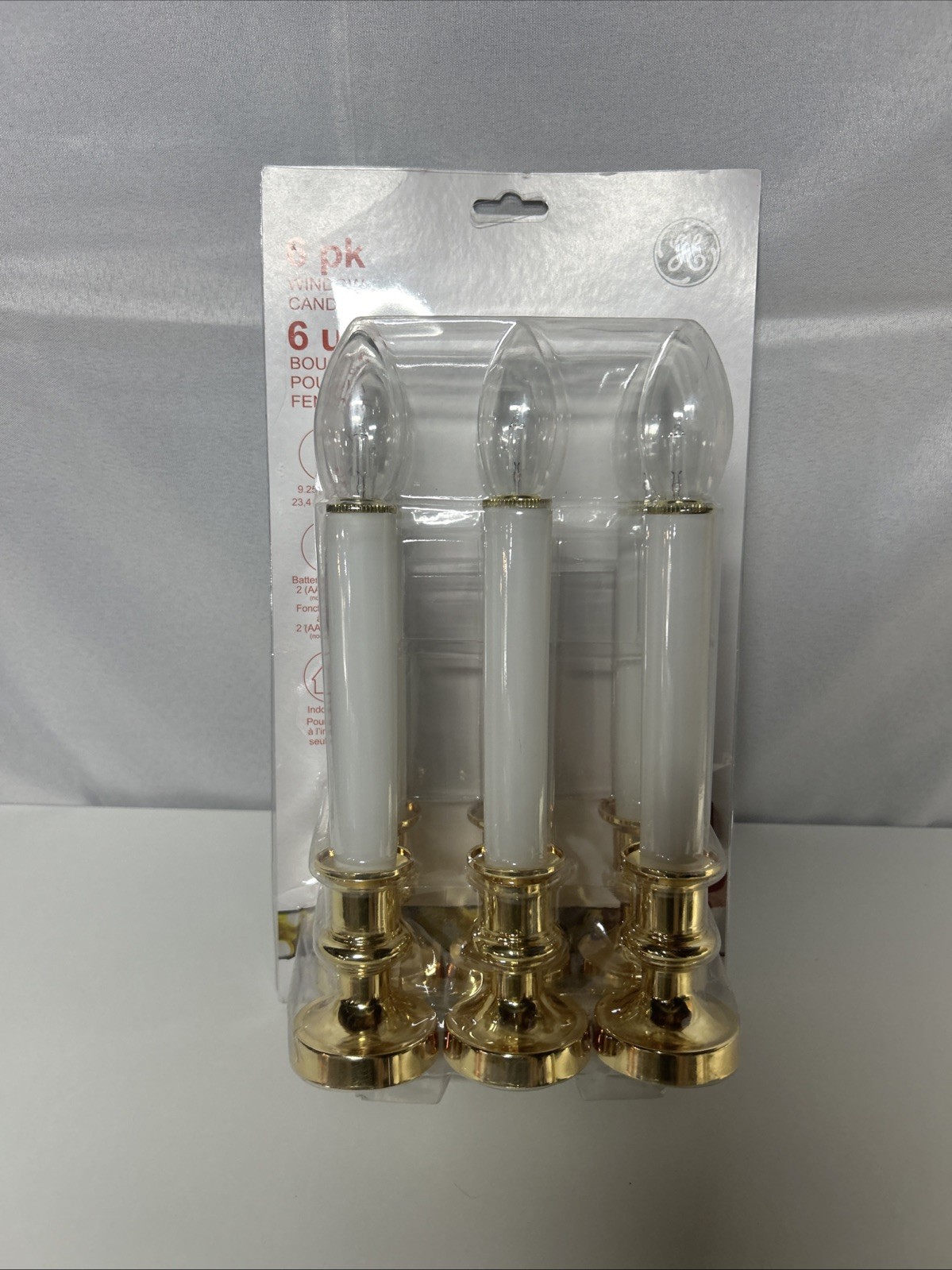 Pack Of 6- GE Window Candle Christmas White Lights, NEW AA Battery 9” Gold Decor