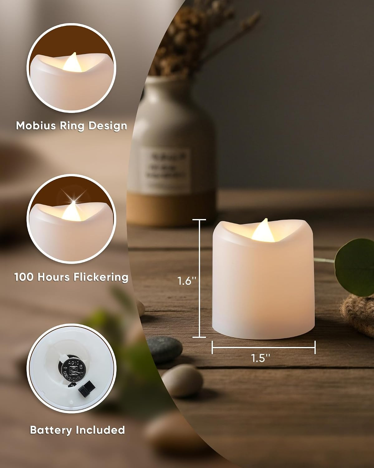 24-Pack White Flameless Candles, Flickering Votive Candles, 100 Hours