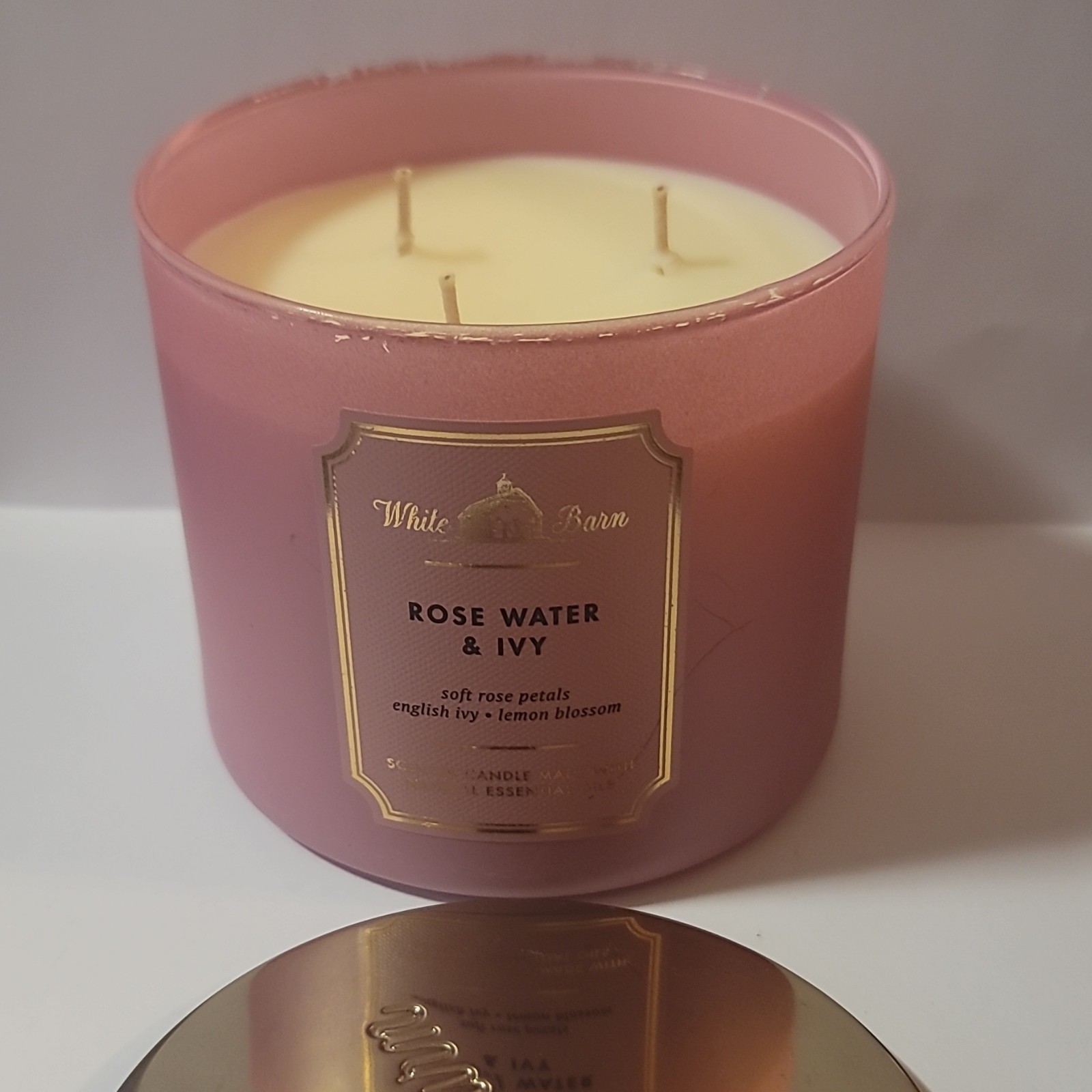 White Barn Rose Water & Ivy Scented Candle Pink Jar 3-Wick Round 14.5oz 25-45hr