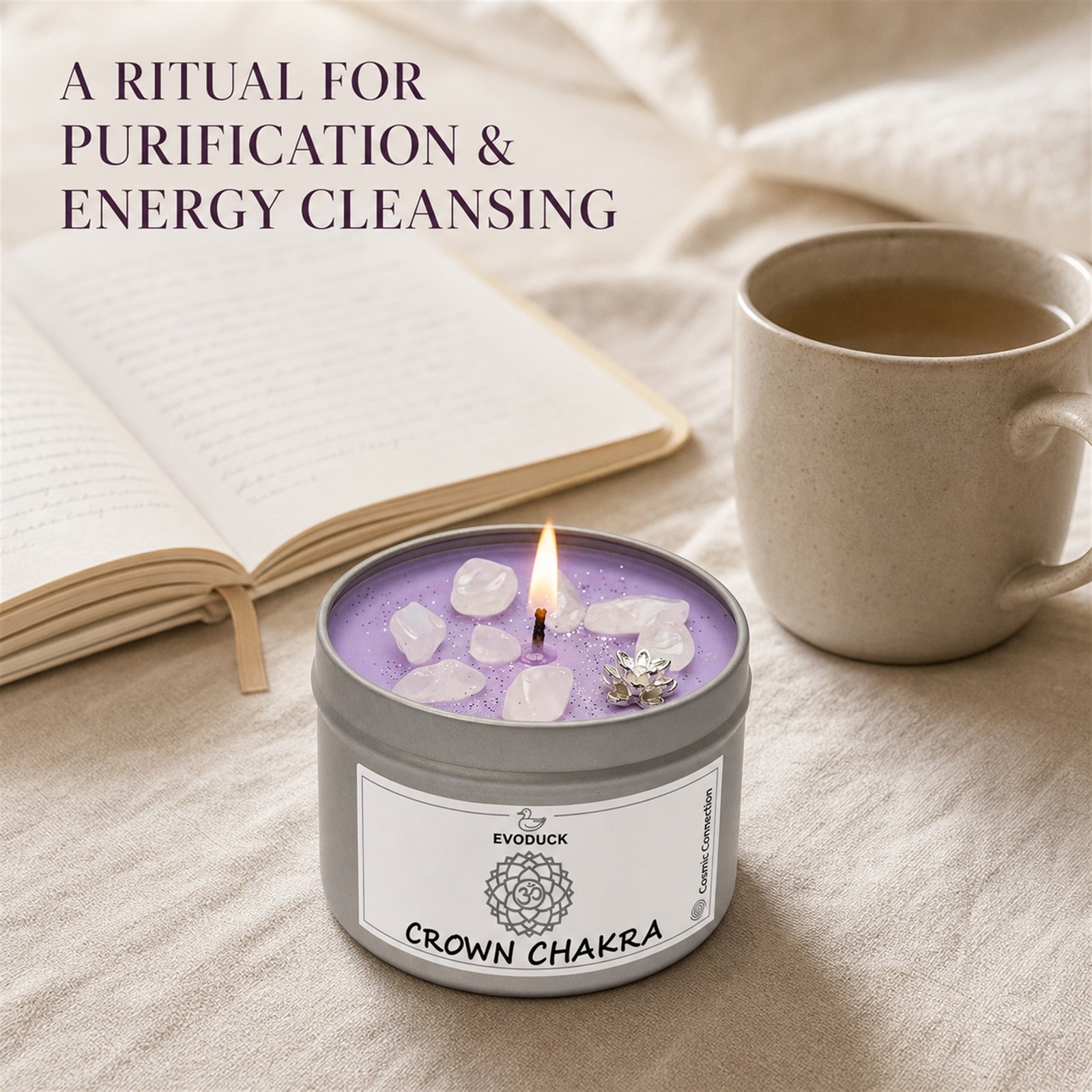 2-Pack EVODUCK Crown Chakra Healing Candles, Clear Quartz, Purification, 3 oz