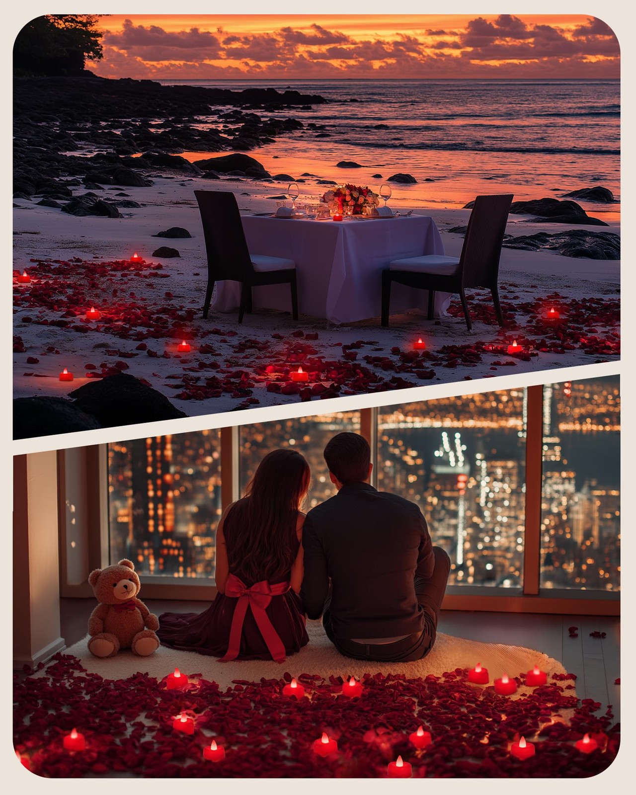 1000 Pieces Red Artificial Rose Petals with 12 Red Heart LED Tea Lights, Rose…
