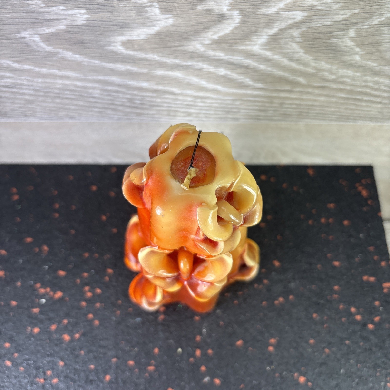 Vintage Candle Art Hand Carved Art Deco Theme, Beige Orange Brown 6” Tall