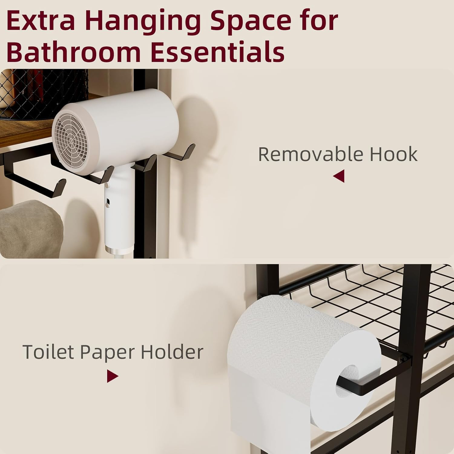 7-Tier Over Toilet Storage Organizer with Wooden Shelf & Side Rack