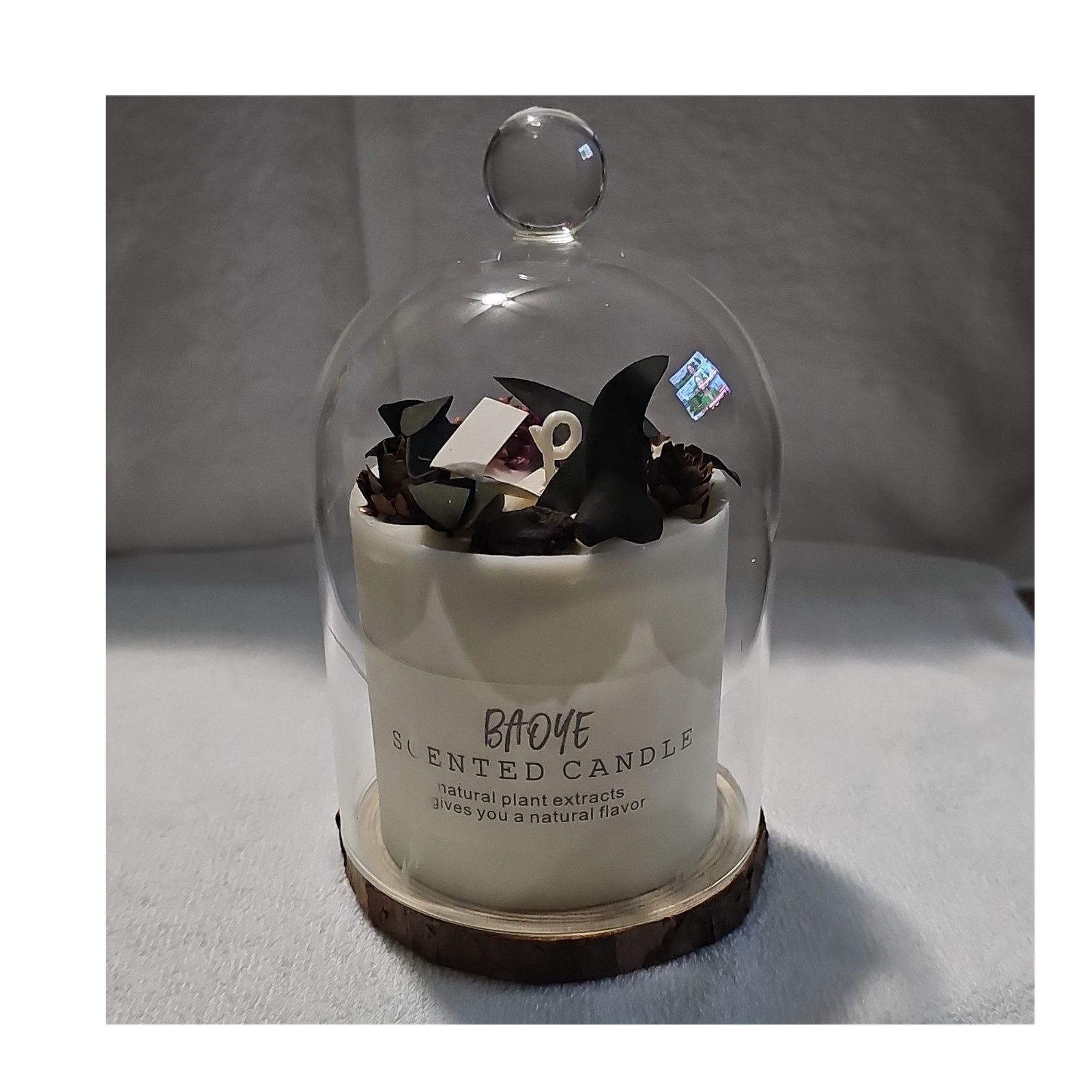 BAOYE Botanical Scented Candle with Cloche Glass Dome & Wood Base – Natural Soy