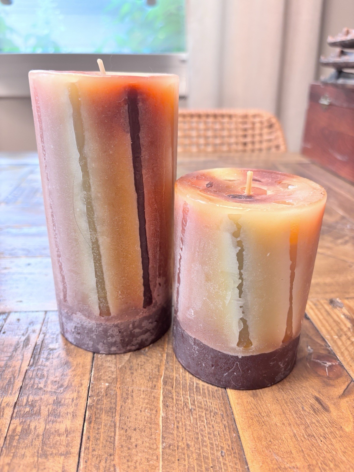Pier 1 Imports Green Orange Brown Textured Candles • Set Of 2 • Single Wick