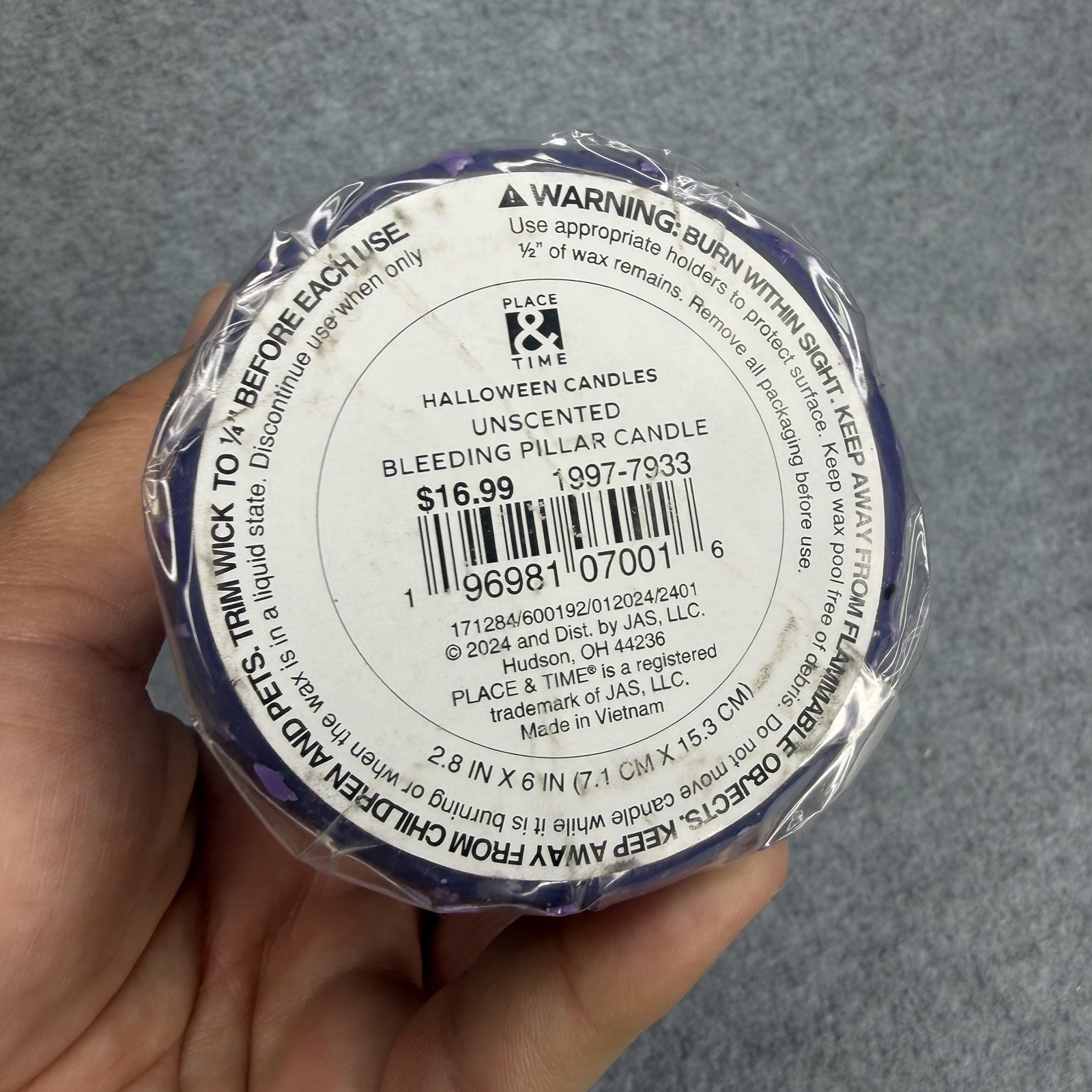 Halloween Purple Sealed NEW Bleeding Pillar Candle Unscented Place & Time