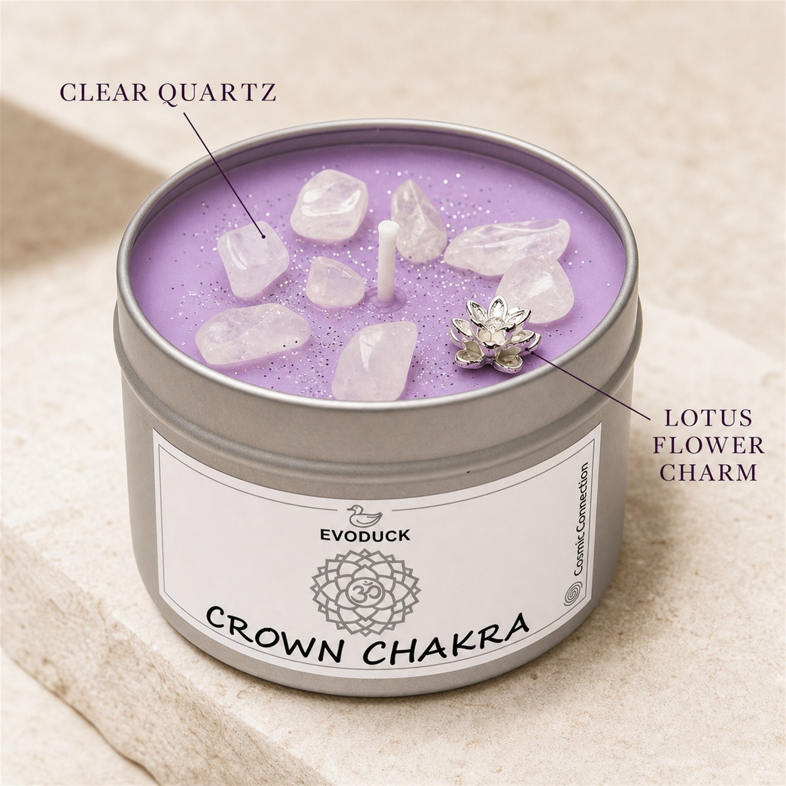 2-Pack EVODUCK Crown Chakra Healing Candles, Clear Quartz, Purification, 3 oz