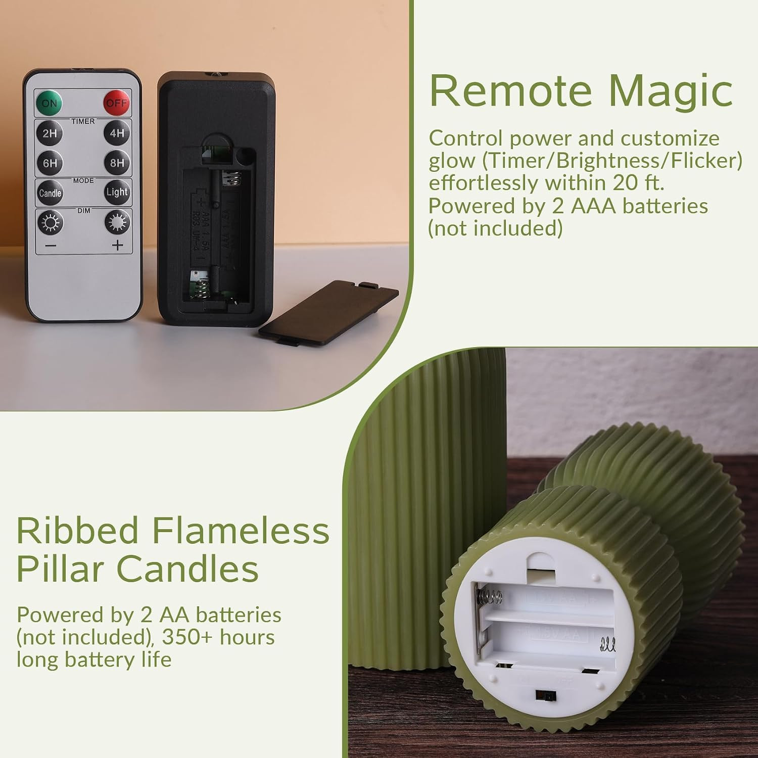 Olive Green Ribbed Flameless Pillar Candles with Remote Set of 2 | 2 AA Battery