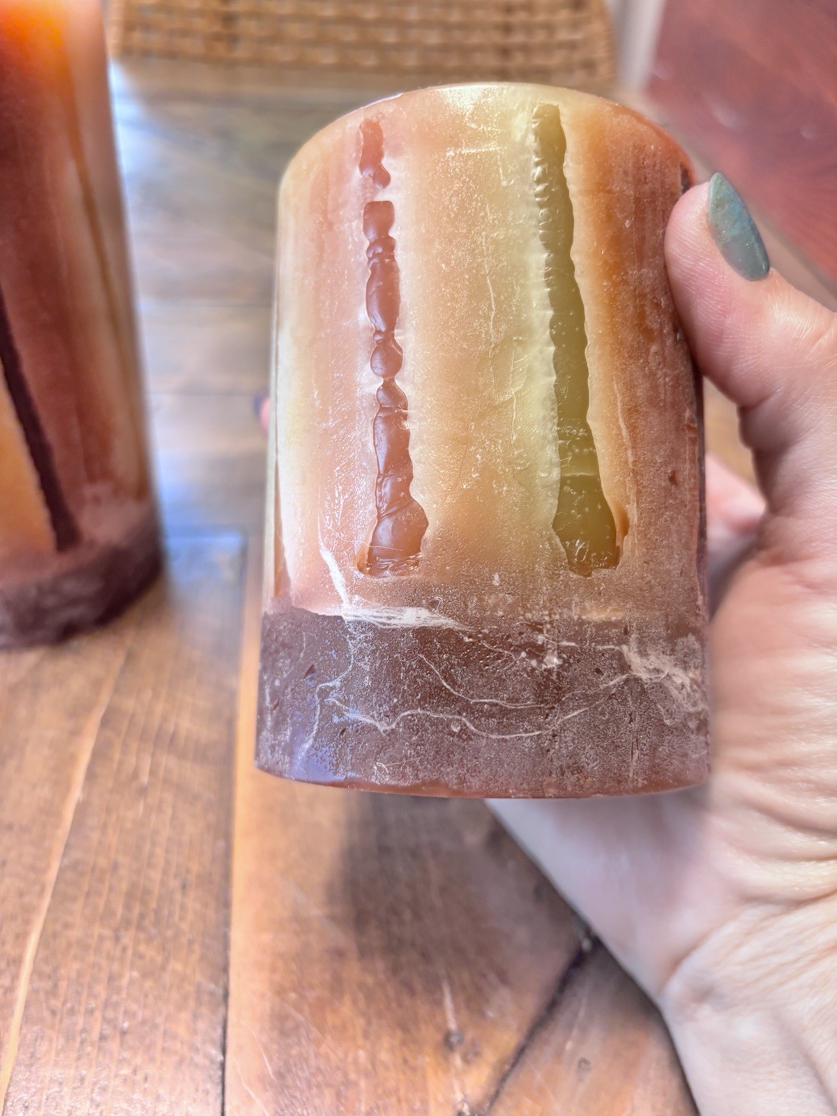 Pier 1 Imports Green Orange Brown Textured Candles • Set Of 2 • Single Wick