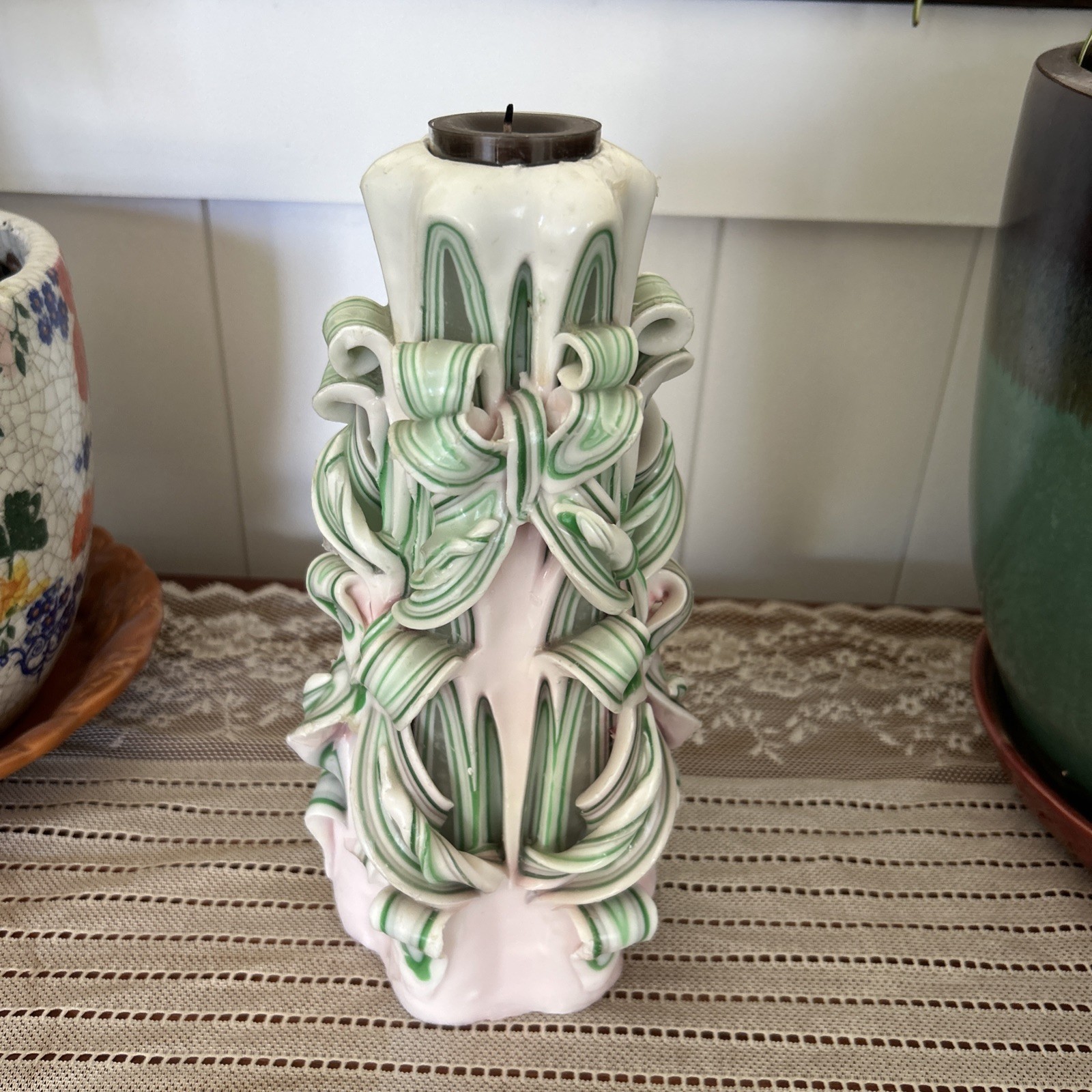 Vintage Hand Carved Pillar 10″ Candle Ribbon Bows White Pink Light Green