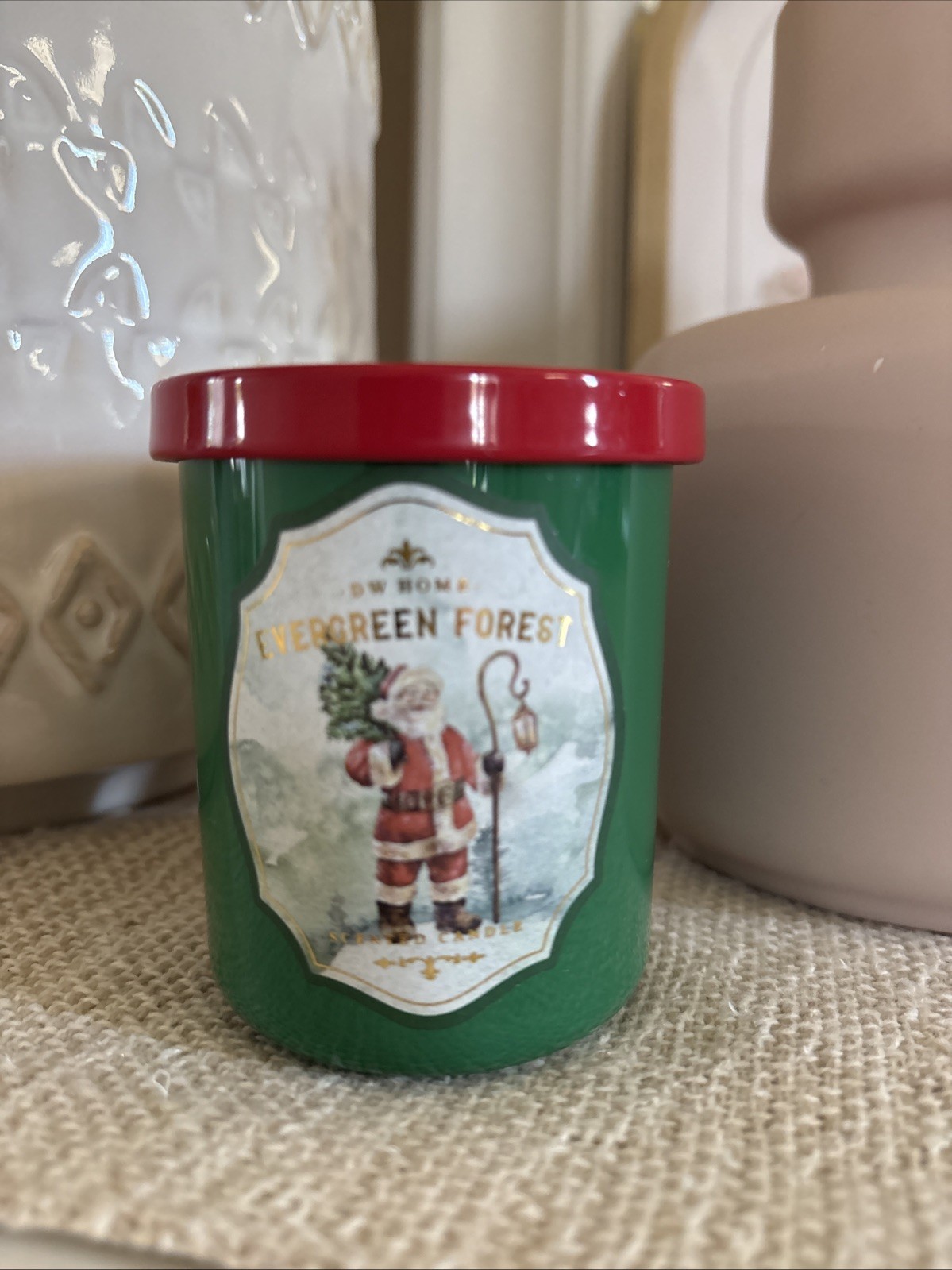 DW Home Evergreen Forest Candle Single Wick Green Red Jar Primitive 3.8 oz NEW