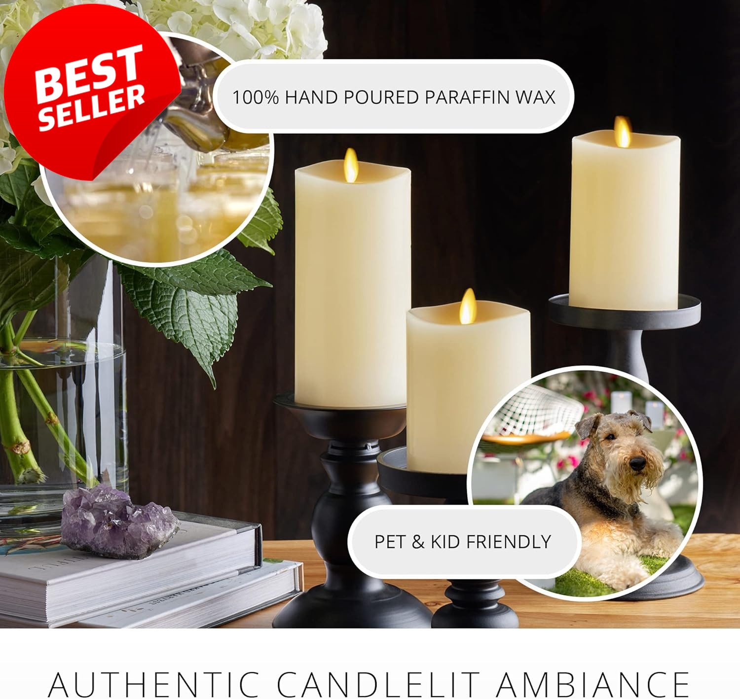 Flameless LED Pillar Candles Set of 3 Ivory Moving Flame Remote Timer – US