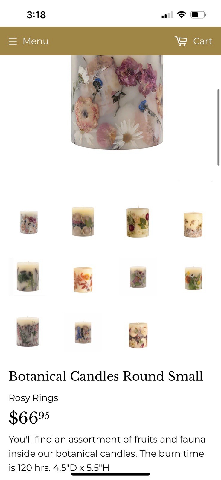 Rosy Rings Botanical Candle Round Small Wax Botanical Elements 120 hr Burn Time