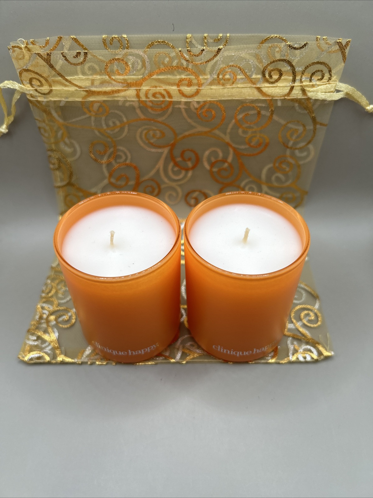 Clinique Happy Scented Home Candle Small Size NEW Set Of Two & Organza Bag